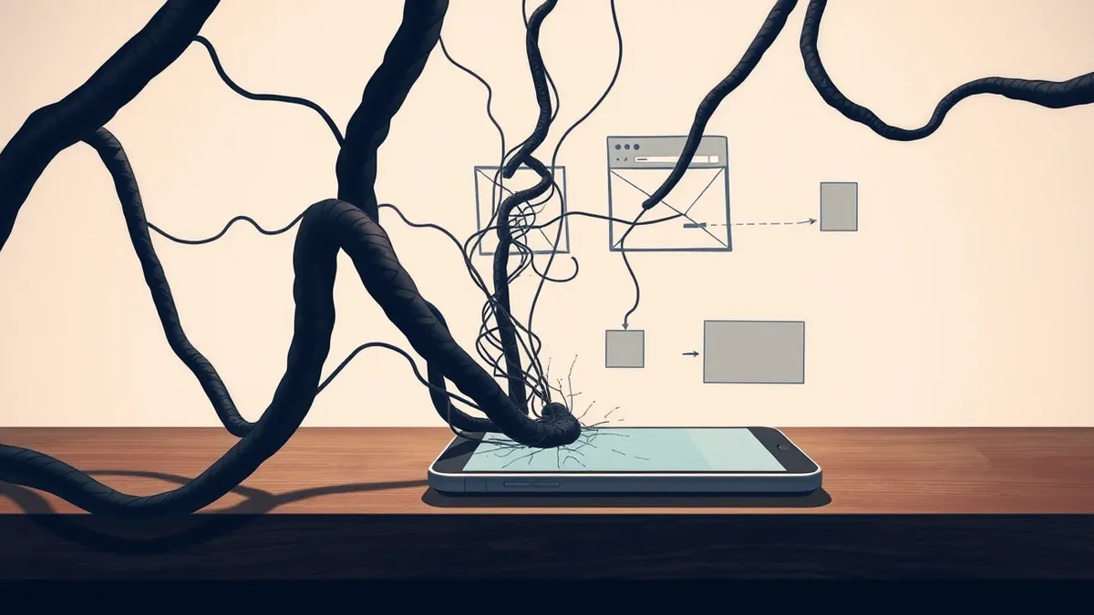Illustration: A cracked smartphone rests on a wooden desk, its screen displaying a fragmented, glitching interface.