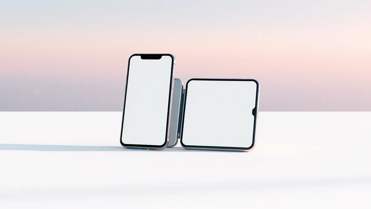 Illustration: A sleek, folded smartphone rests on a minimalist white surface, its hinge slightly open to reveal two blank, reflective screens.