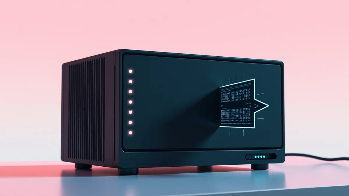Illustration: A small network appliance sits on a desk, its blank front panel glowing with steady lights.