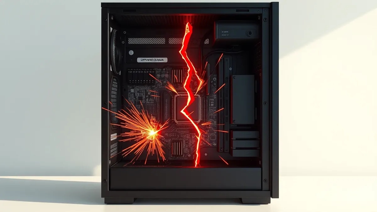 Illustration: A sleek black server tower sits open on a clean white desk, its internal circuitry exposed.