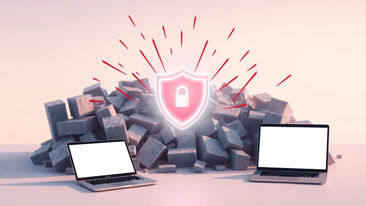 Illustration: A glowing digital shield materializes around a cluster of fragmented data blocks, proactively deflecting incoming red spikes before they strike.