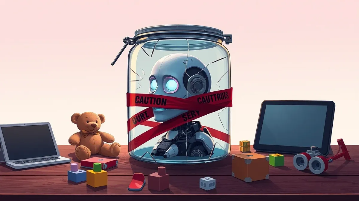 Illustration: A glowing robotic head sits inside a cracked glass jar on a wooden desk, surrounded by scattered childhood toys like a teddy bear and building blocks.