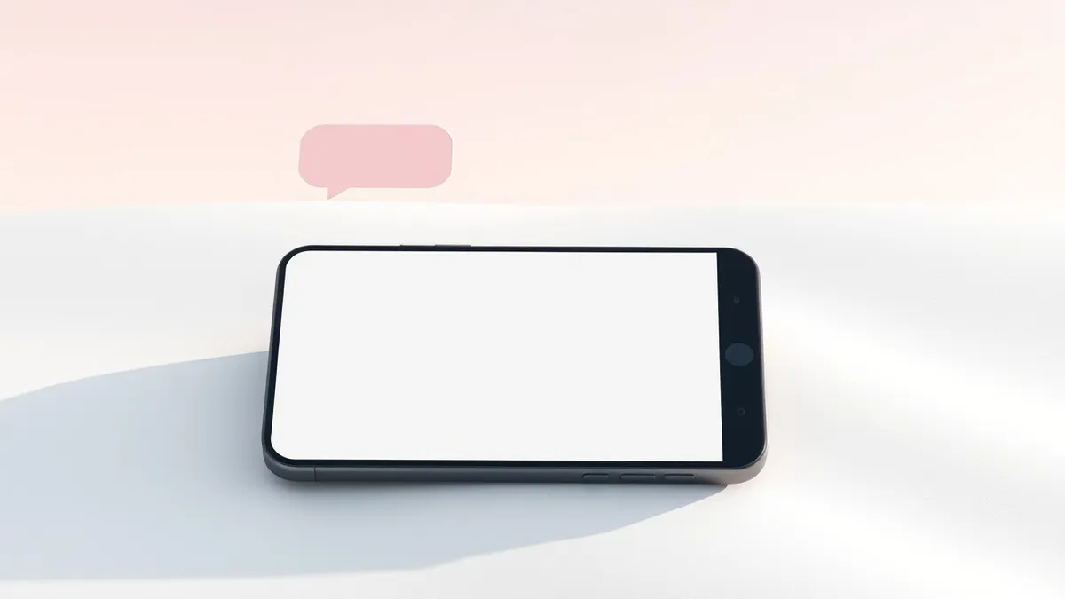 Illustration: A sleek black smartphone rests on a smooth white surface, displaying a minimalist interface with soft, rounded chat bubbles in pastel colors.