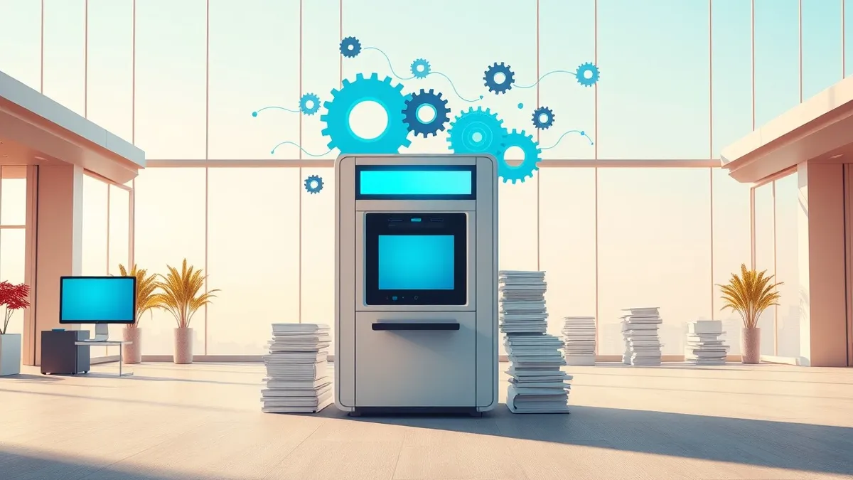 Illustration: A sleek automated kiosk sits in a bright, modern office lobby, processing blank document stacks with a soft blue glow.