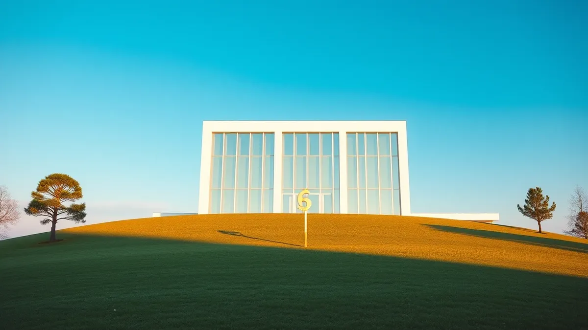 Illustration: A sleek white office building sits on a quiet hill under a clear blue sky.