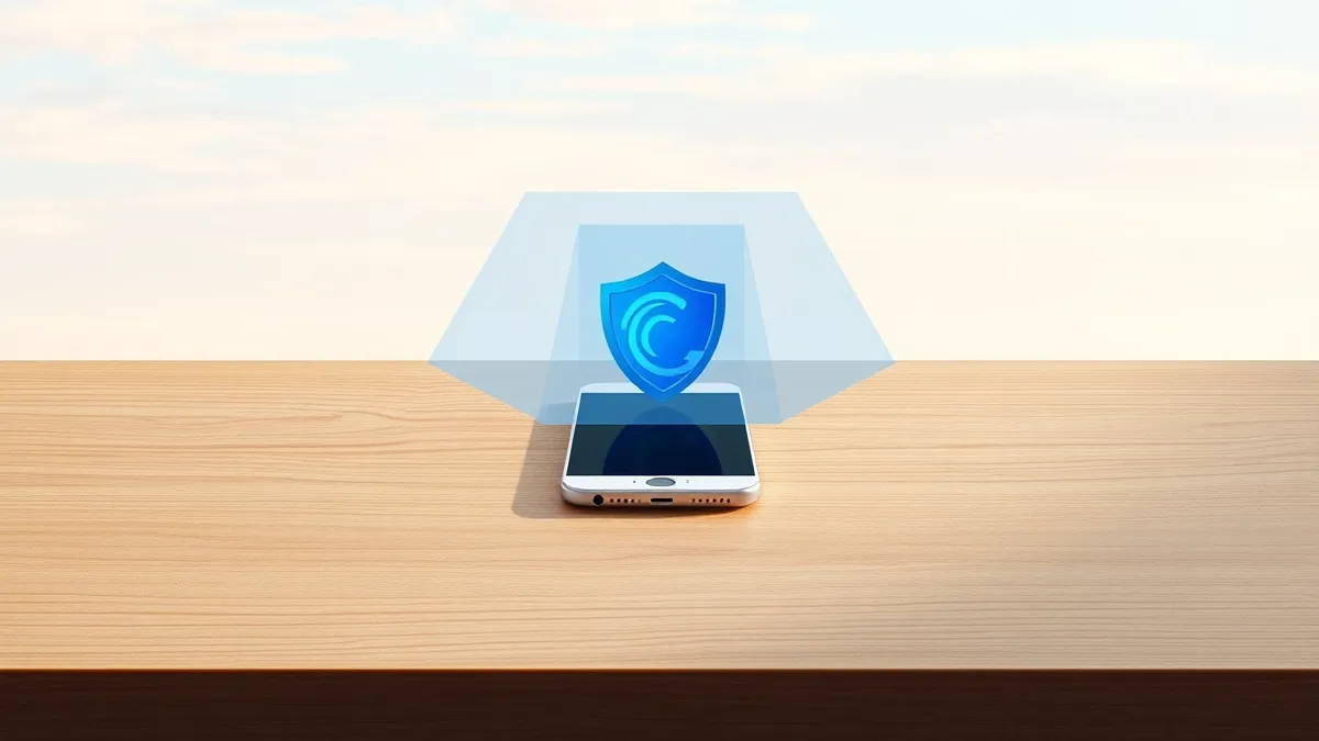 Illustration: A silver smartphone rests on a wooden desk, its screen displaying a swirling blue shield icon.