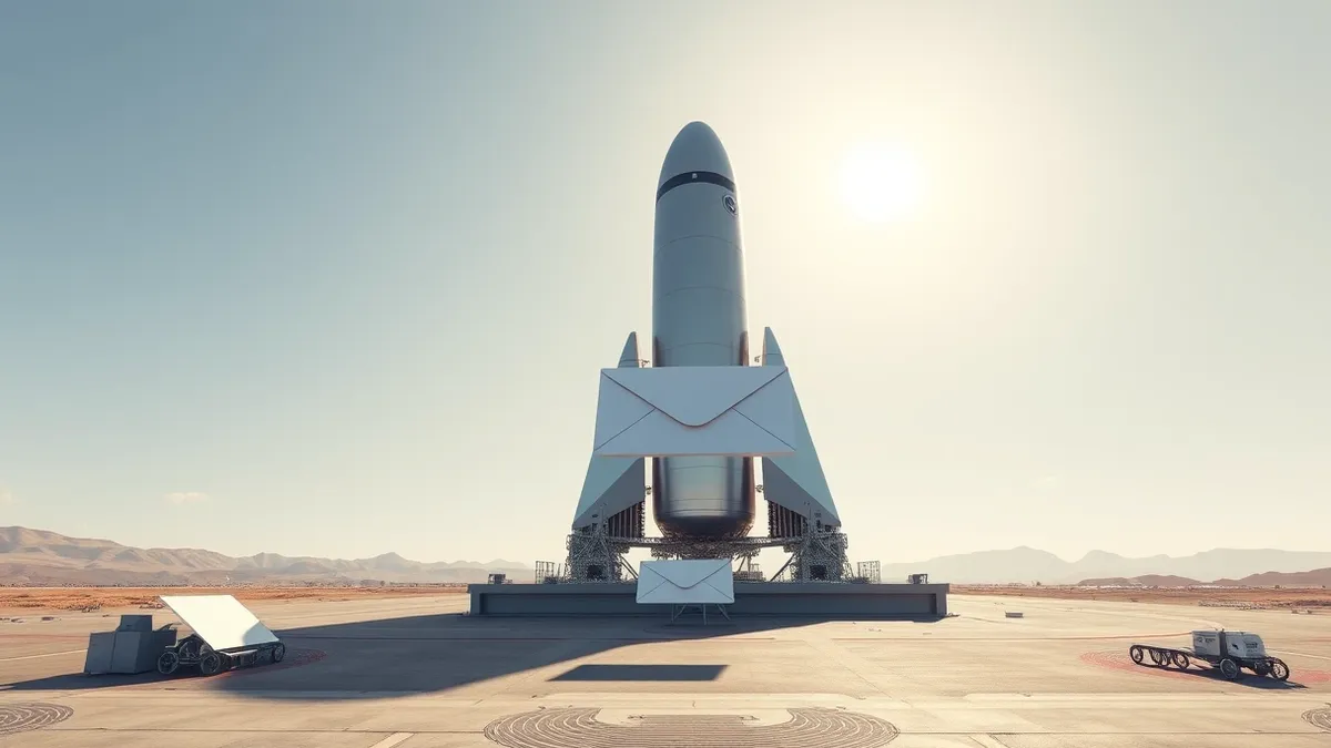Illustration: A sleek silver rocket booster rests on a launchpad under a bright sky.