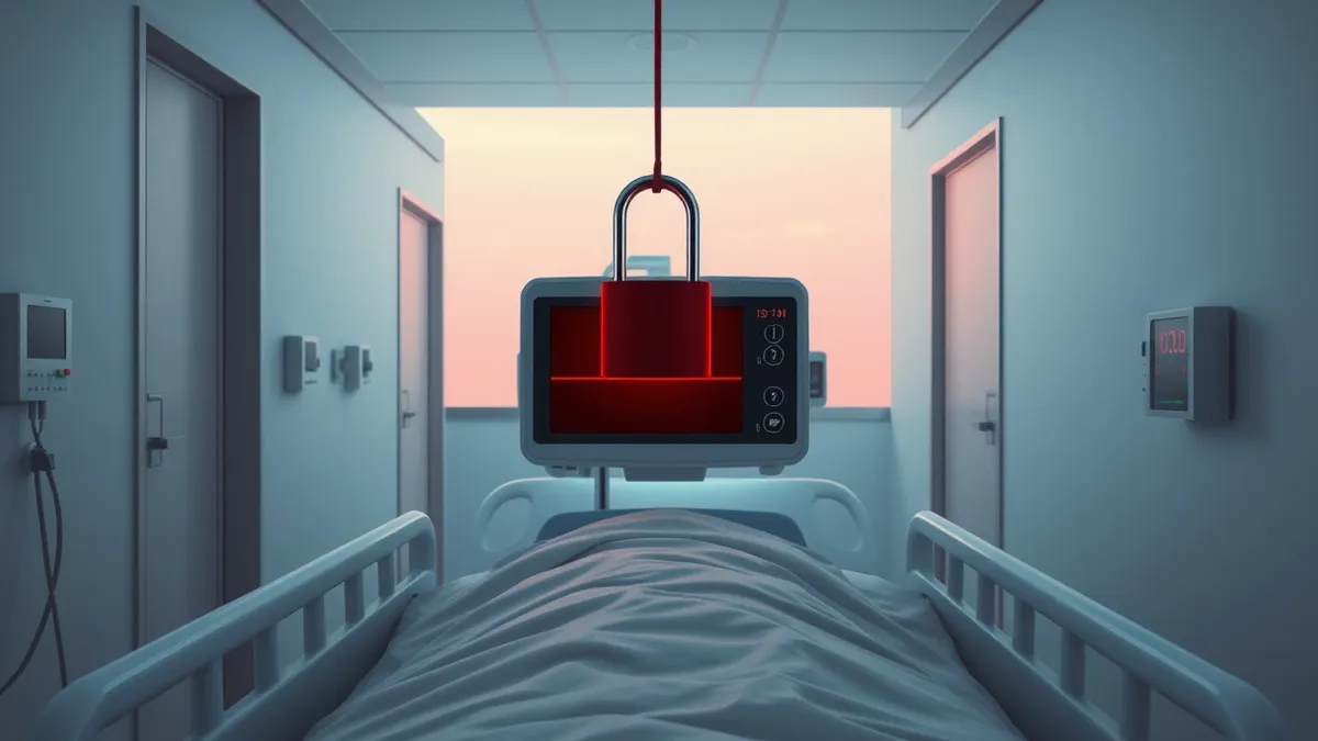 Illustration: A sterile hospital corridor features a motionless patient monitor displaying a flat red line.