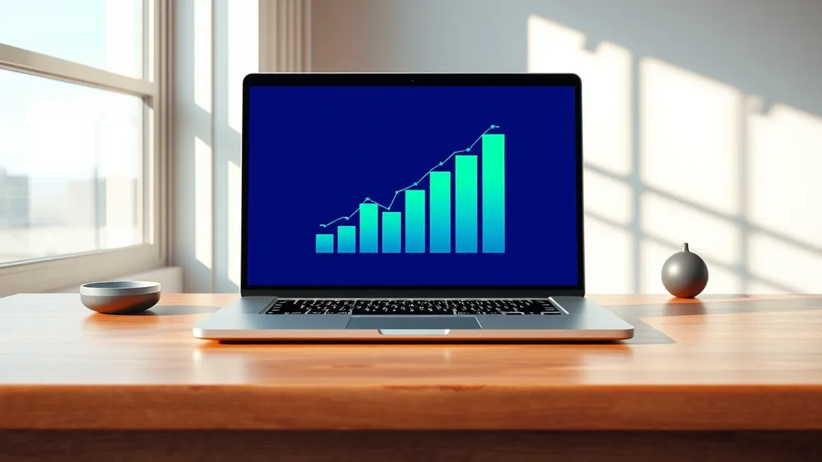 Illustration: A sleek silver laptop sits on a polished wooden table, its screen displaying a vibrant, abstract bar chart with upward-trending lines in bright blue and green hues.