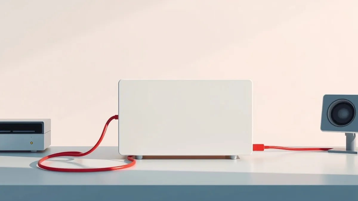 Illustration: A sleek security gateway device sits on a desk with a single red cable disconnected from its back panel.