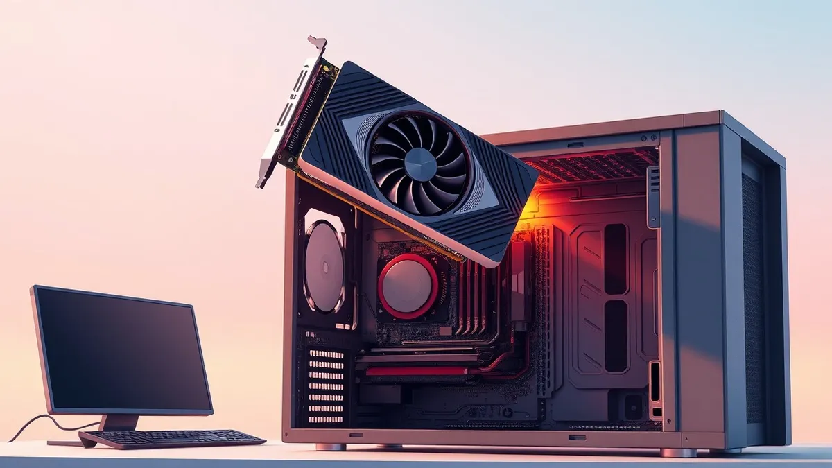 Illustration: A graphics card hangs horizontally from the top edge of an open computer case, defying standard vertical mounting.
