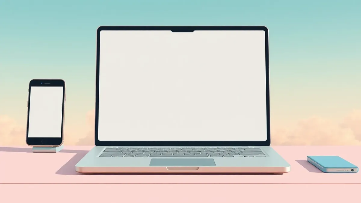 Illustration: An open laptop sits on a desk, its screen displaying a simplified mobile app interface with large touch-friendly icons.