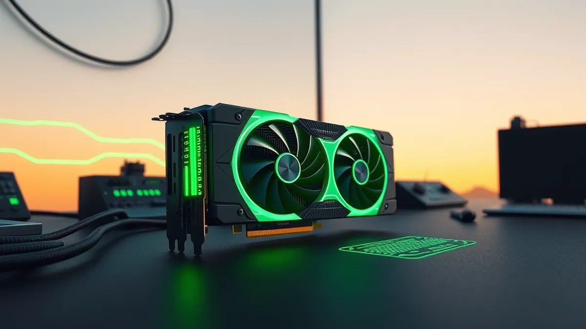 Illustration: A glowing green graphics card rests on a dark workbench, its cooling fans spinning slowly.