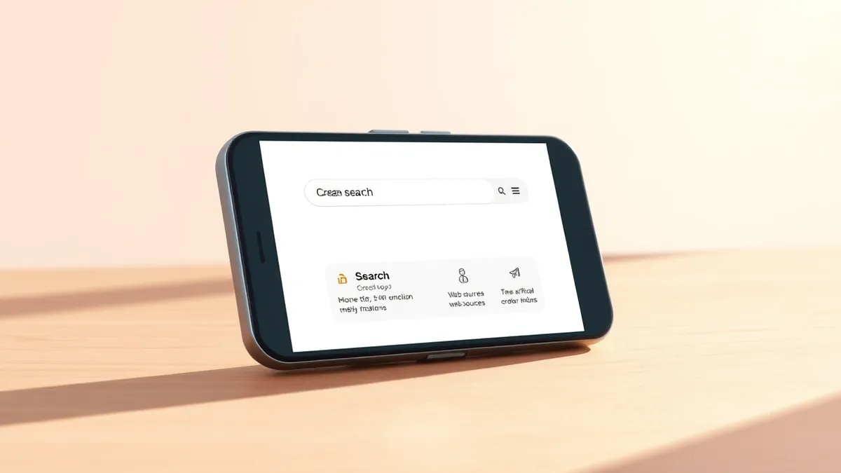Illustration: A smartphone rests on a wooden desk, its screen displaying a clean search interface with abstract rectangular blocks and simple line icons representing web sources an