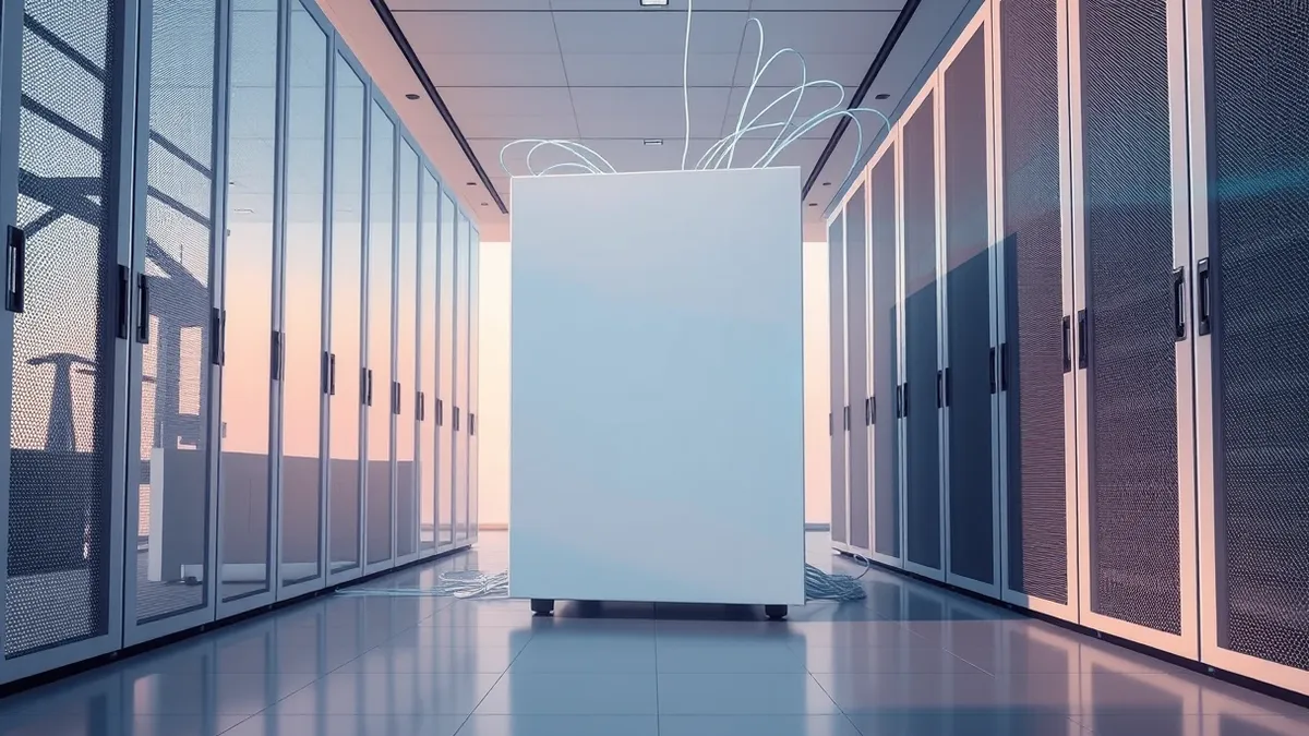 Illustration: A sleek white server node sits inside a clean data centre, its front panel illuminated by a steady blue light.