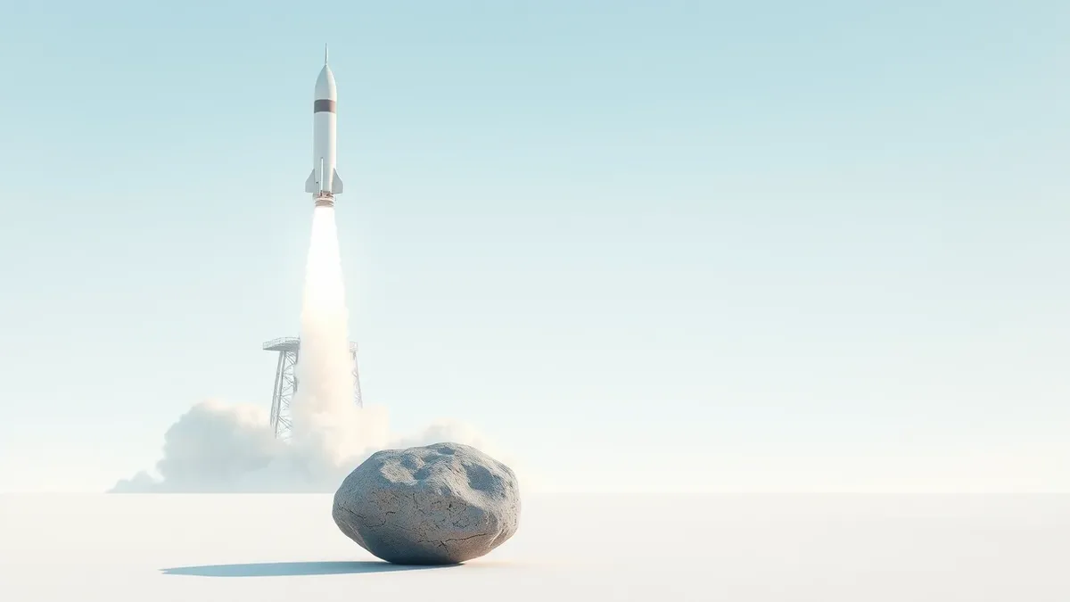 Illustration: A sleek white rocket ascends from a launch tower, leaving a thick plume of white steam and smoke against a pale blue sky.
