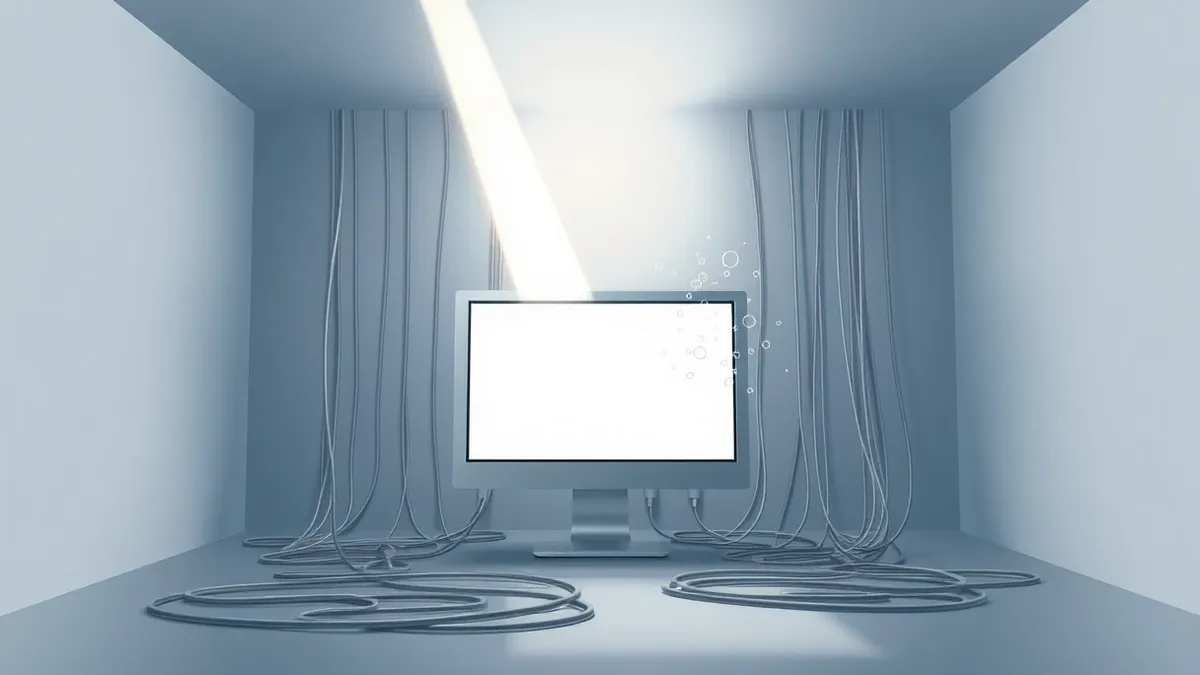 Illustration: A sleek silver server blade hums quietly in a dim room while a single bright beam of light shoots out from its front panel, piercing through a tangle of gray wires to