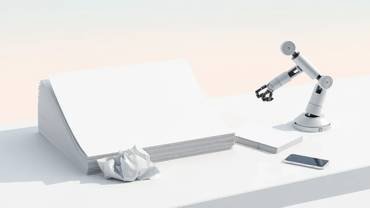 Illustration: A large stack of blank, pristine paper lies neatly arranged on a stark white desk, representing the published solutions.