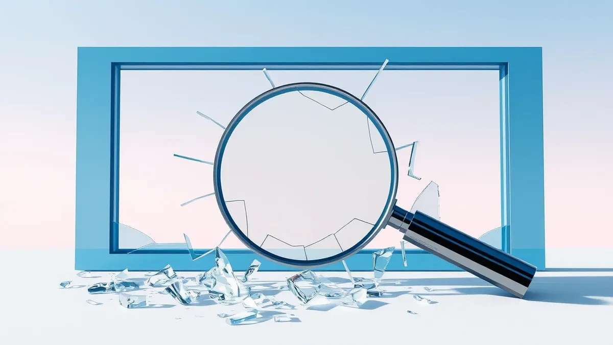 Illustration: A cracked magnifying glass rests on a disintegrating blue window pane.