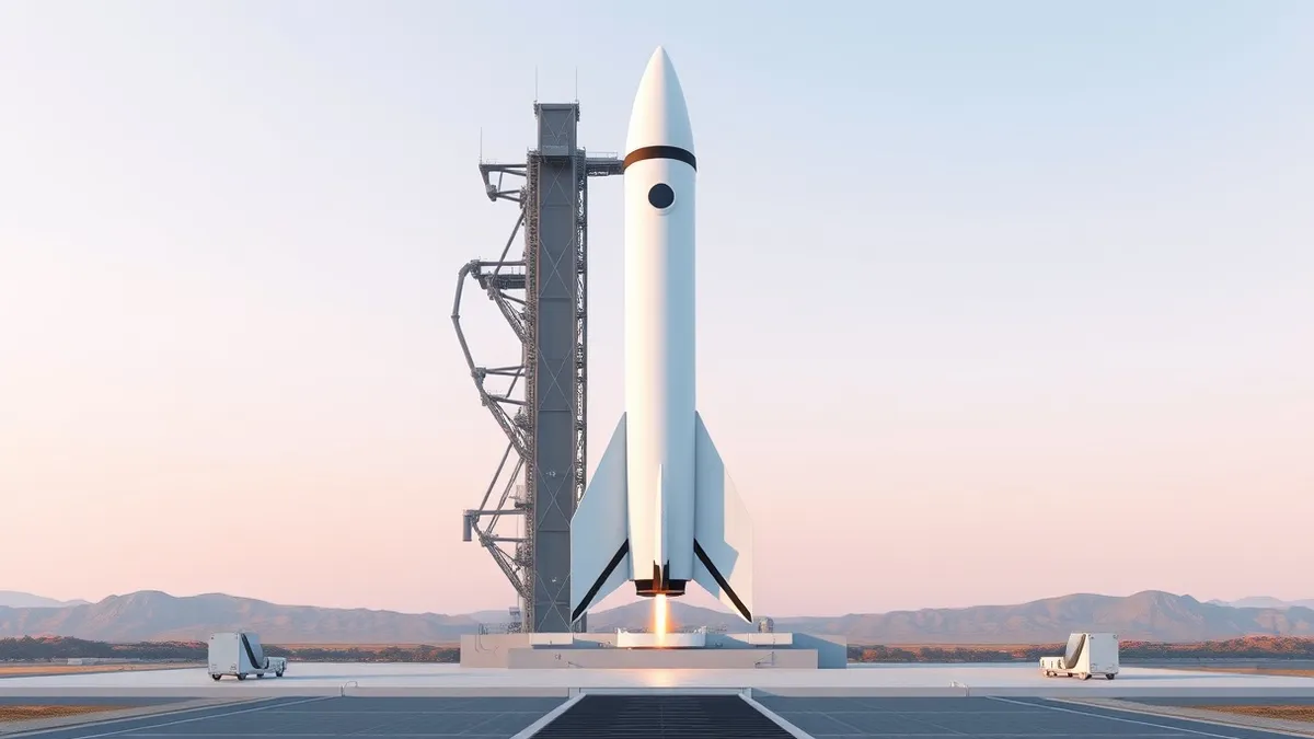Illustration: A sleek white rocket stands upright on a launch pad under a clear sky.