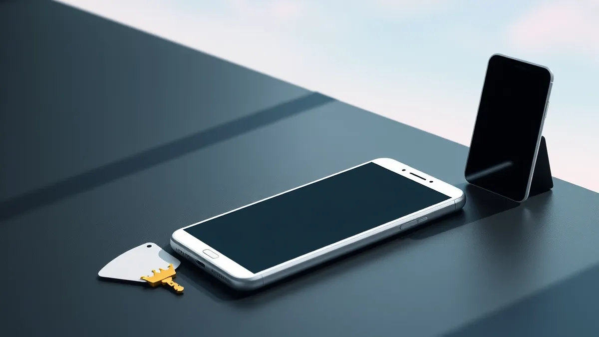 Illustration: A sleek white smartphone rests on a dark desk beside a discarded keycard.