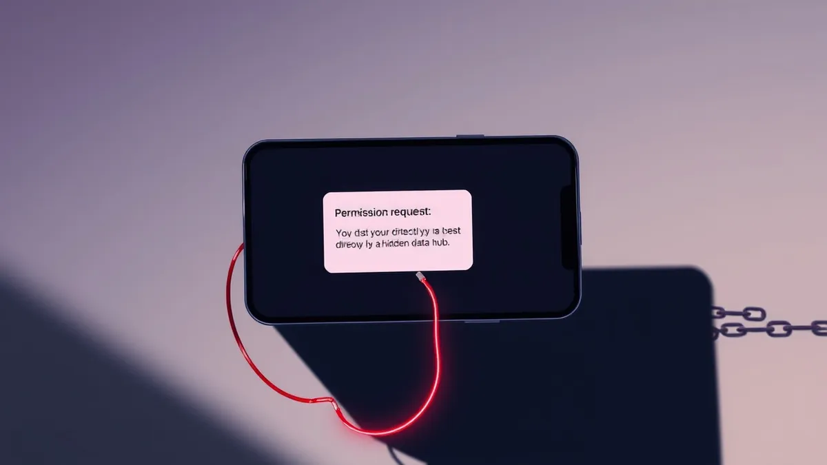 Illustration: A smartphone floats against a dark background with its screen displaying a single permission request dialog.