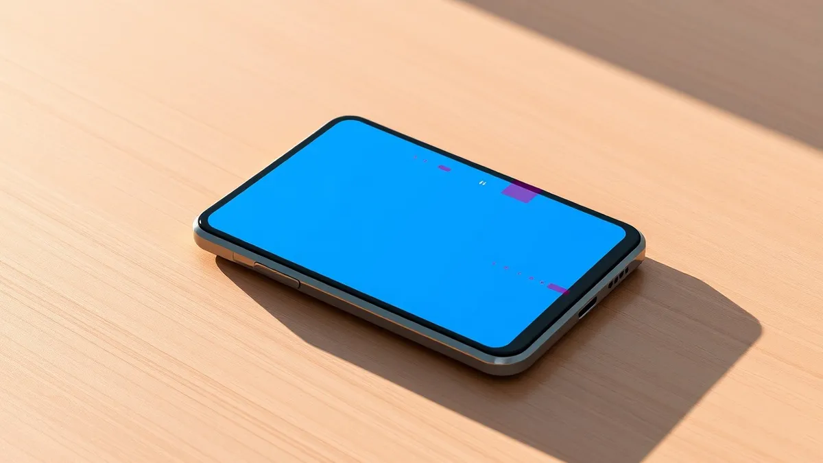 Illustration: A sleek smartphone rests on a wooden desk, its screen displaying a generic blue application interface.
