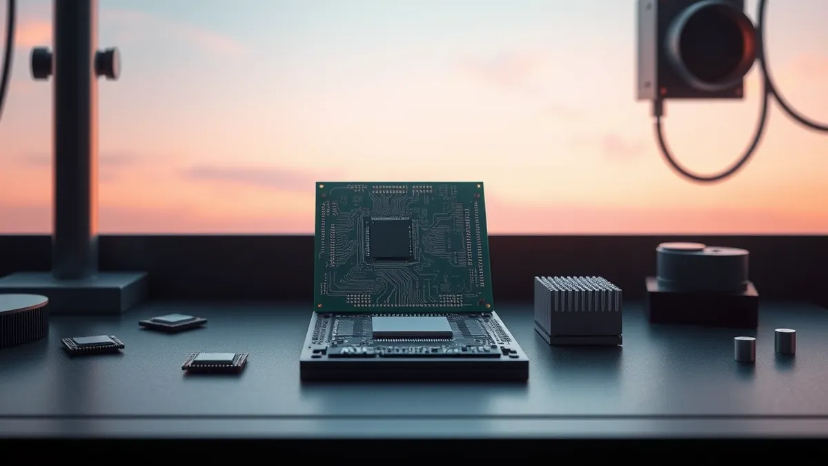 Illustration: A bare microprocessor chip rests on a dark workbench surface, surrounded by loose memory modules and a small cooling fan.