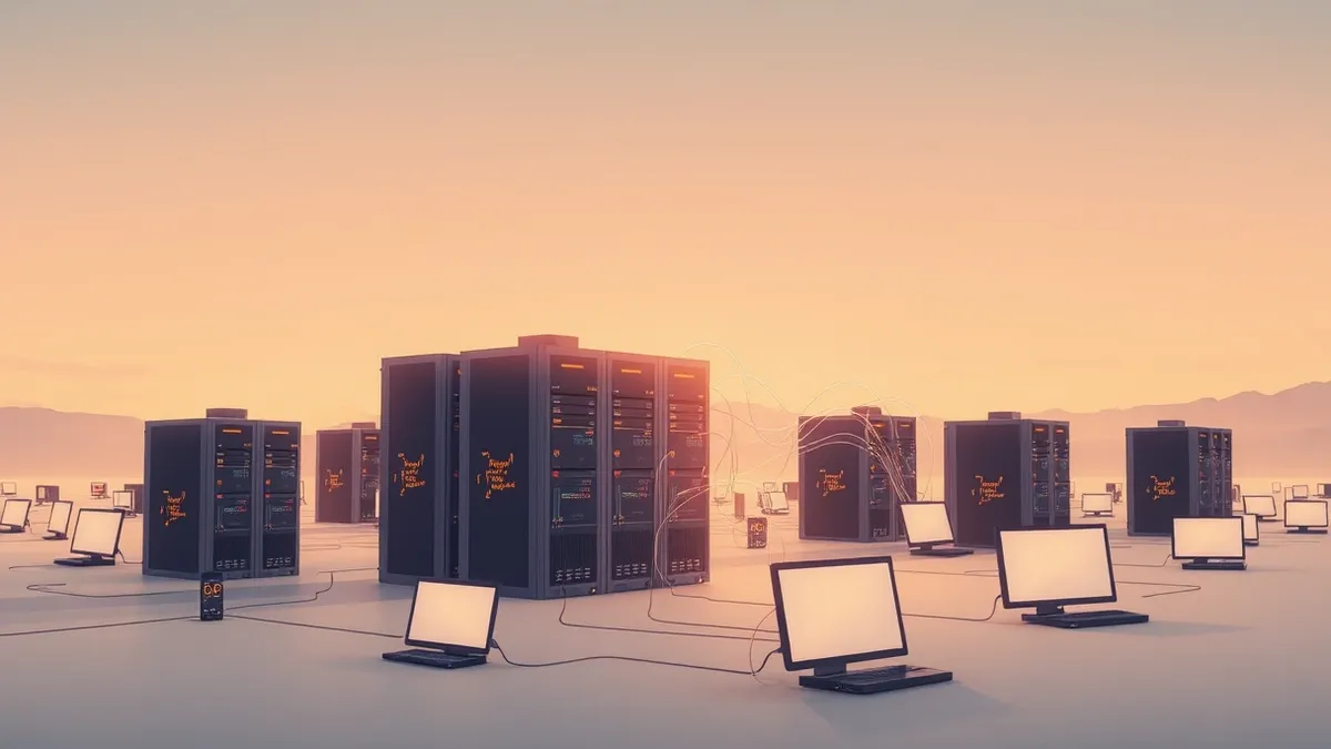 Illustration: A network of scattered server nodes glows with renewed activity as dormant processing power is dynamically routed to a central advertising engine, visualized by flowi