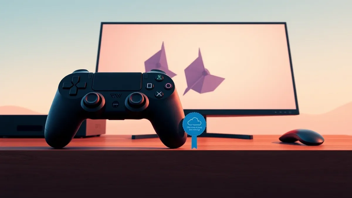 Illustration: A sleek black game controller rests on a wooden desk next to a glowing monitor displaying abstract geometric shapes.