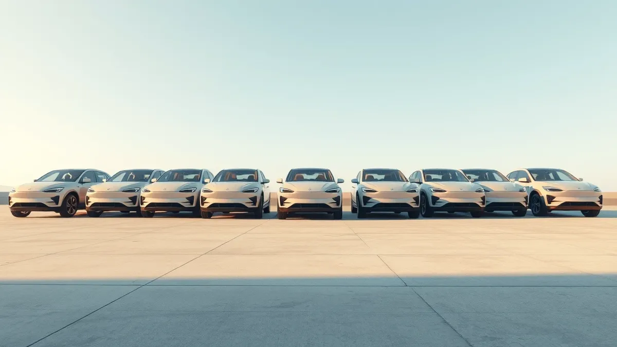Illustration: A row of identical electric sport utility vehicles sits neatly aligned in a sunny, concrete parking lot.