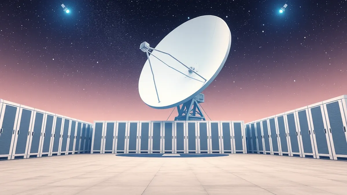 Illustration: A massive, gleaming white satellite dish tilts toward a starry night sky.