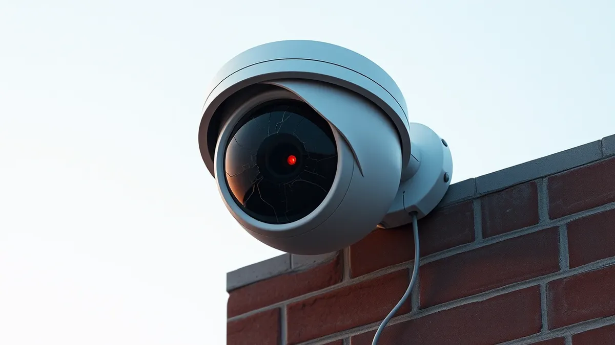 Illustration: A white dome security camera mounted on a brick wall features a cracked lens, revealing a dark, hollow interior where a single glowing red eye stares out.