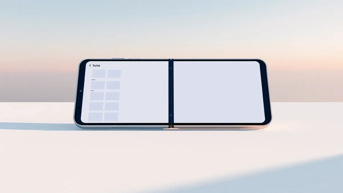 Illustration: A silver foldable smartphone lies open on a white surface, its wide screen displaying two blank application windows side by side with a thin vertical divider.