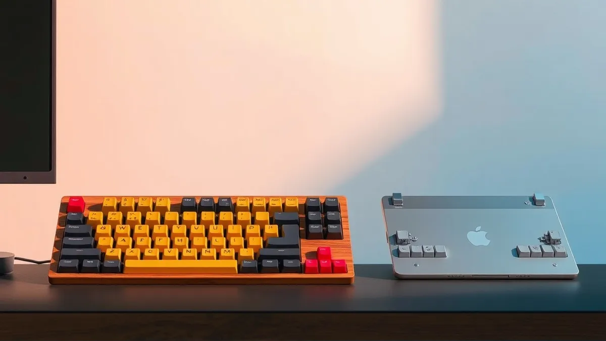 Illustration: A mechanical keyboard with a polished wood body sits on a desk beside a sleek aluminum model, both featuring colorful square keycaps and exposed switch housings, high