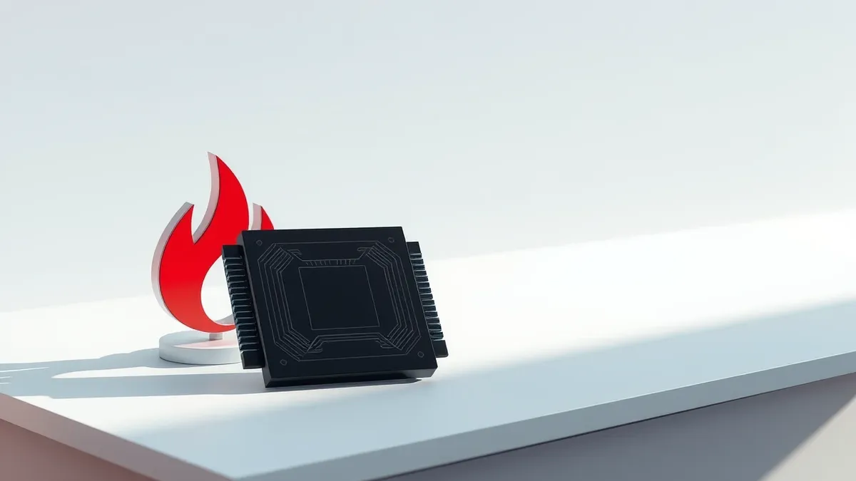 Illustration: A sleek black accelerator chip rests on a clean white workbench beside a stylized red flame icon.