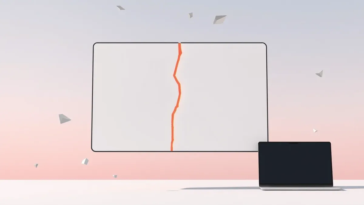 Illustration: A sleek, generic software interface window floats in mid-air, displaying a large, jagged red crack splitting the center of a smooth white background.