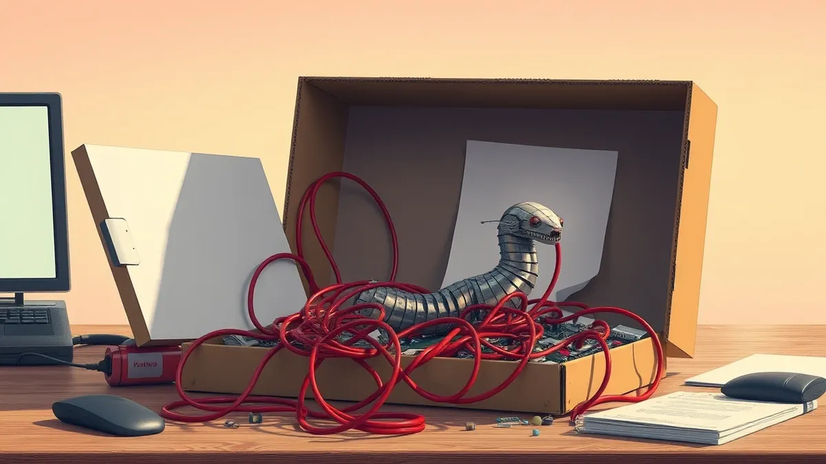 Illustration: A damaged software package box lies open on a desk, revealing tangled red wires and corrupted circuit boards inside.