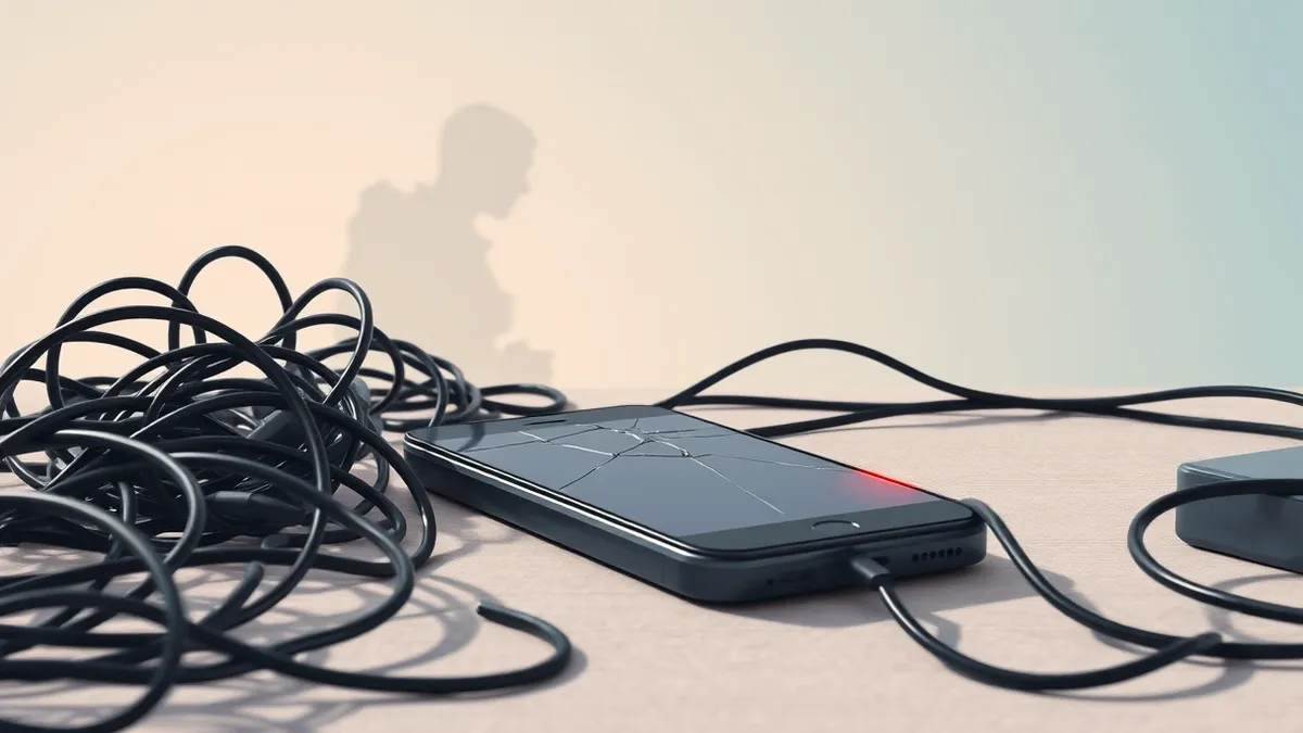 Illustration: A cracked smartphone screen rests on a cluttered desk beside a tangled mess of black cables.