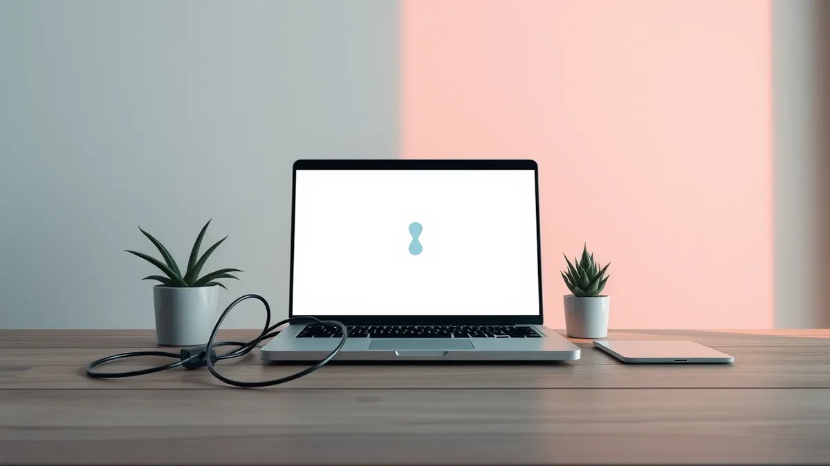 Illustration: A silver laptop sits on a wooden desk, its screen displaying a blank white web page with a subtle hourglass icon in the center.