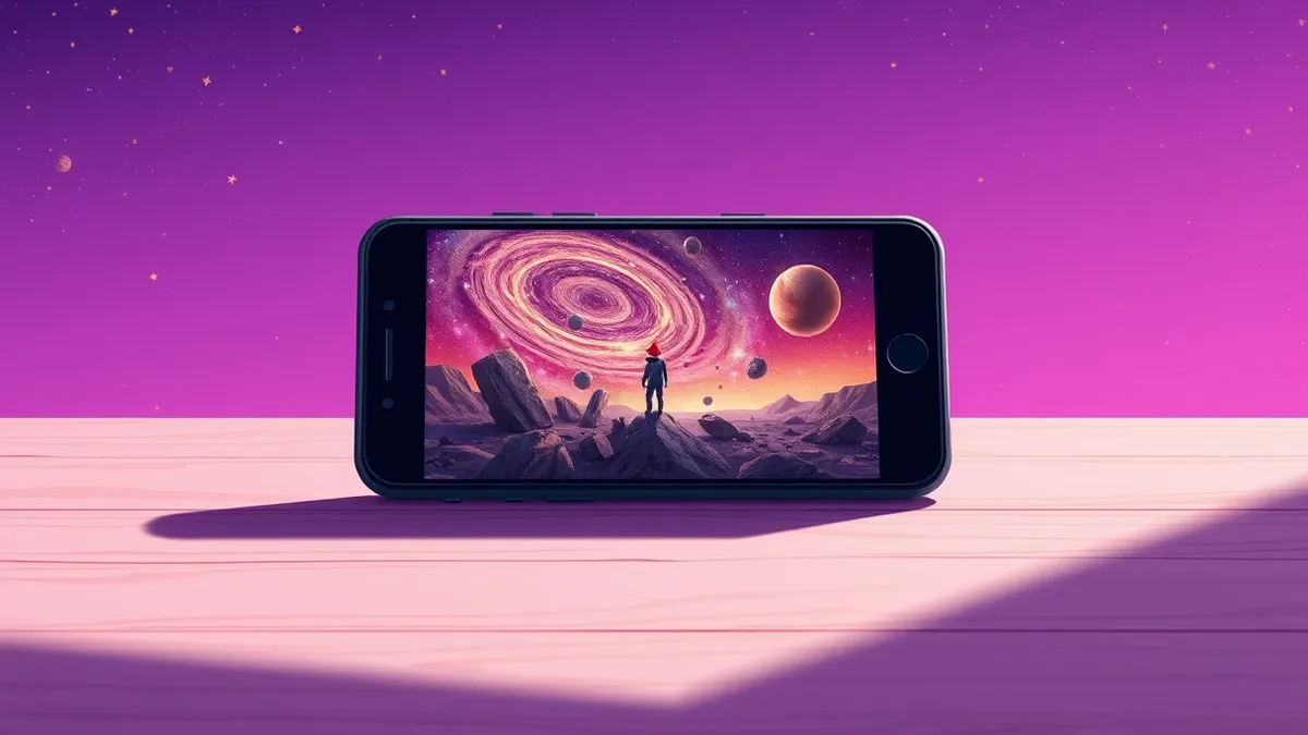 Illustration: A black smartphone rests on a wooden table with its screen displaying a vibrant, swirling galaxy scene.