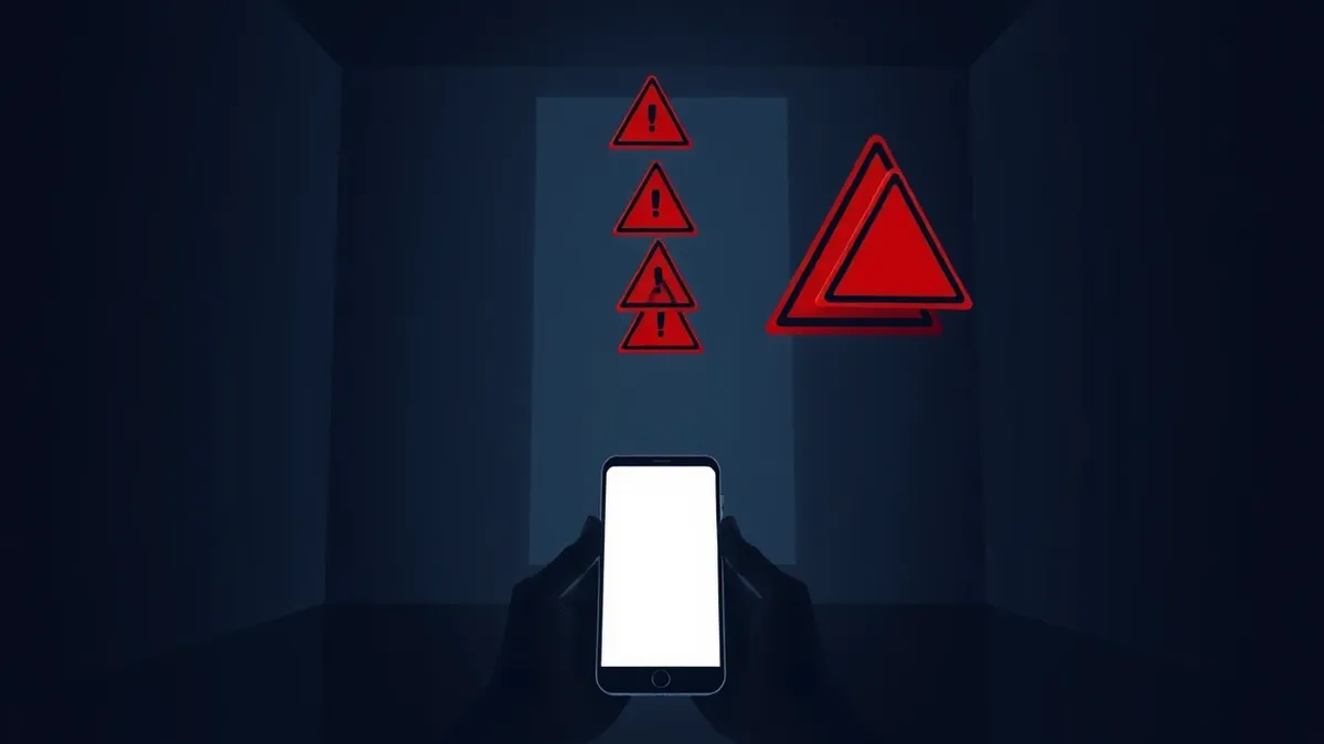 Illustration: A dark room holds a smartphone displaying a blank screen, with red warning triangles stacking up and floating above the device.