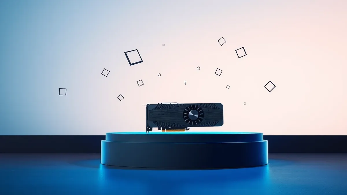 Illustration: A large stage platform features a sleek black graphics card resting on a pedestal.