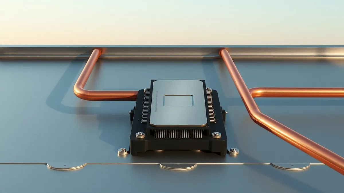 Illustration: A silver server processor with a square integrated heat spreader rests on a black socket interface surrounded by large copper cooling pipes.
