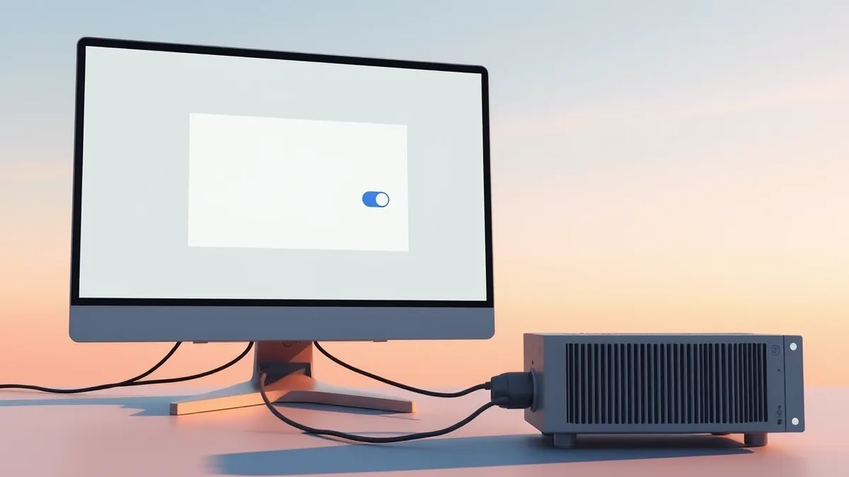 Illustration: A blank computer monitor displays a simple configuration window with a single toggle switch being flipped to the active position.