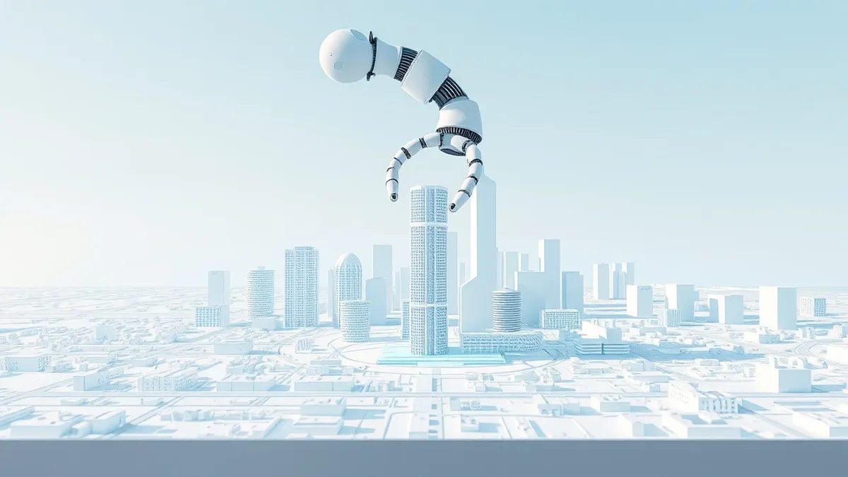 Illustration: A sleek white robotic arm hovers over a blank architectural scale model of a modern city skyline.