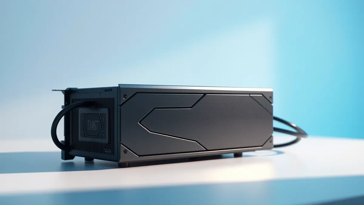 Illustration: A sleek black graphics processing unit rests on a clean white desk, its metallic surface reflecting cool blue ambient light.