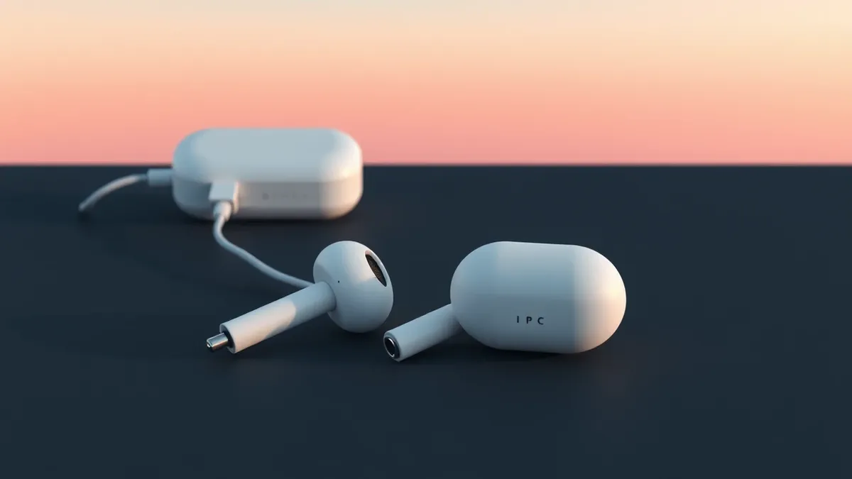 Illustration: A pair of sleek white earbuds rests on a dark surface.
