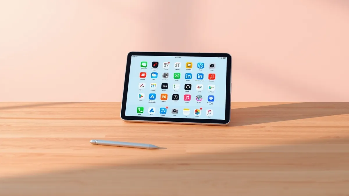 Illustration: A silver tablet rests on a wooden desk with a stylus lying beside it.