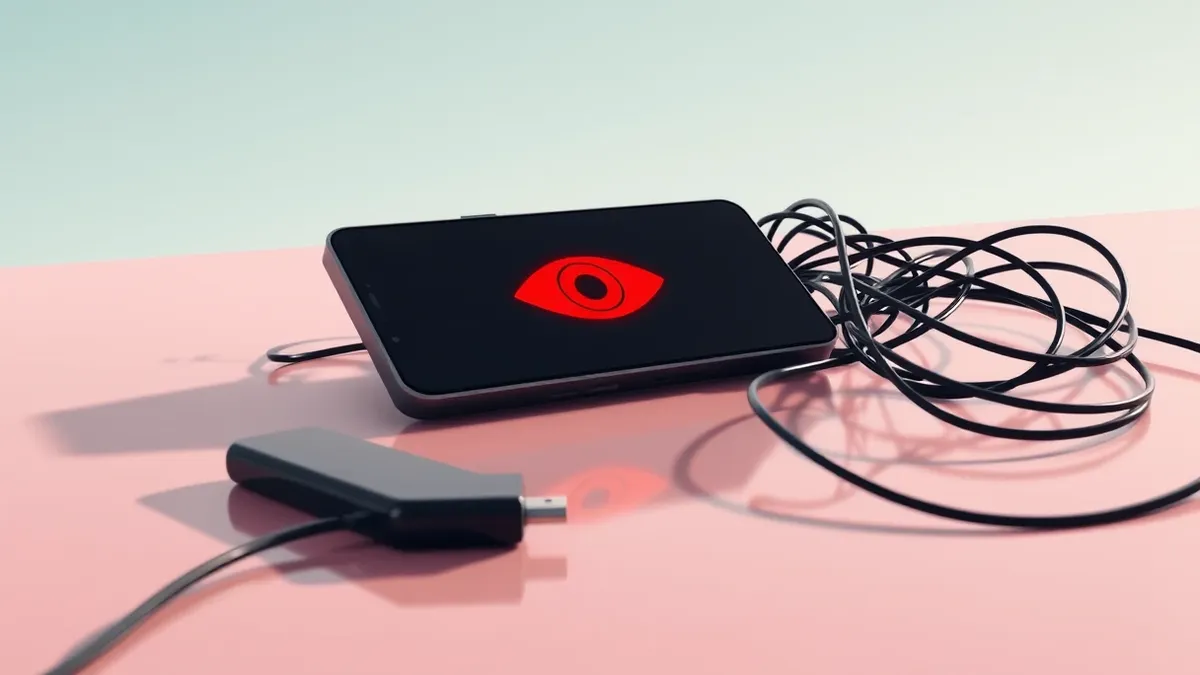 Illustration: A sleek black smartphone rests on a polished desk, its screen displaying a single red eye icon that stares outward.